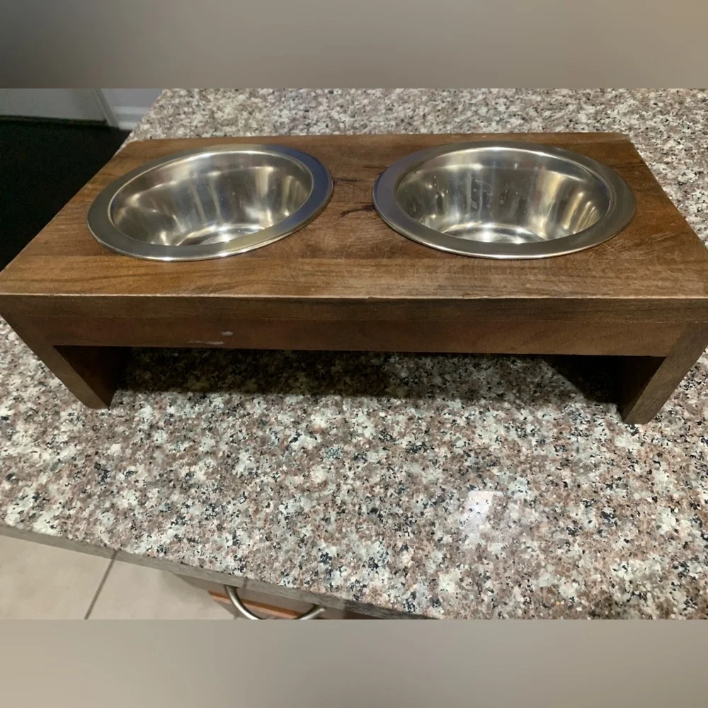 Wooden Pet Feeder with Stainless Steel Bowls Elevated